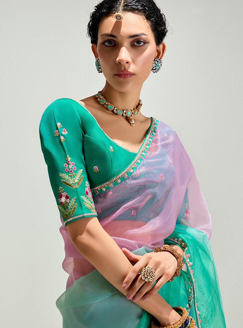 Monjolika Fashion Turquoise And Pink Organza Tissue Sequins Embroidery Handwork Wedding Wear Saree | Grocsy