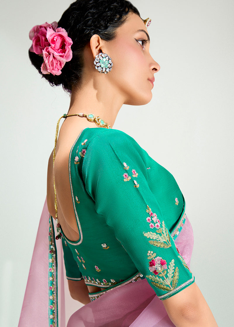 Monjolika Fashion Turquoise And Pink Organza Tissue Sequins Embroidery Handwork Wedding Wear Saree | Grocsy
