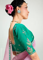 Monjolika Fashion Turquoise And Pink Organza Tissue Sequins Embroidery Handwork Wedding Wear Saree | Grocsy