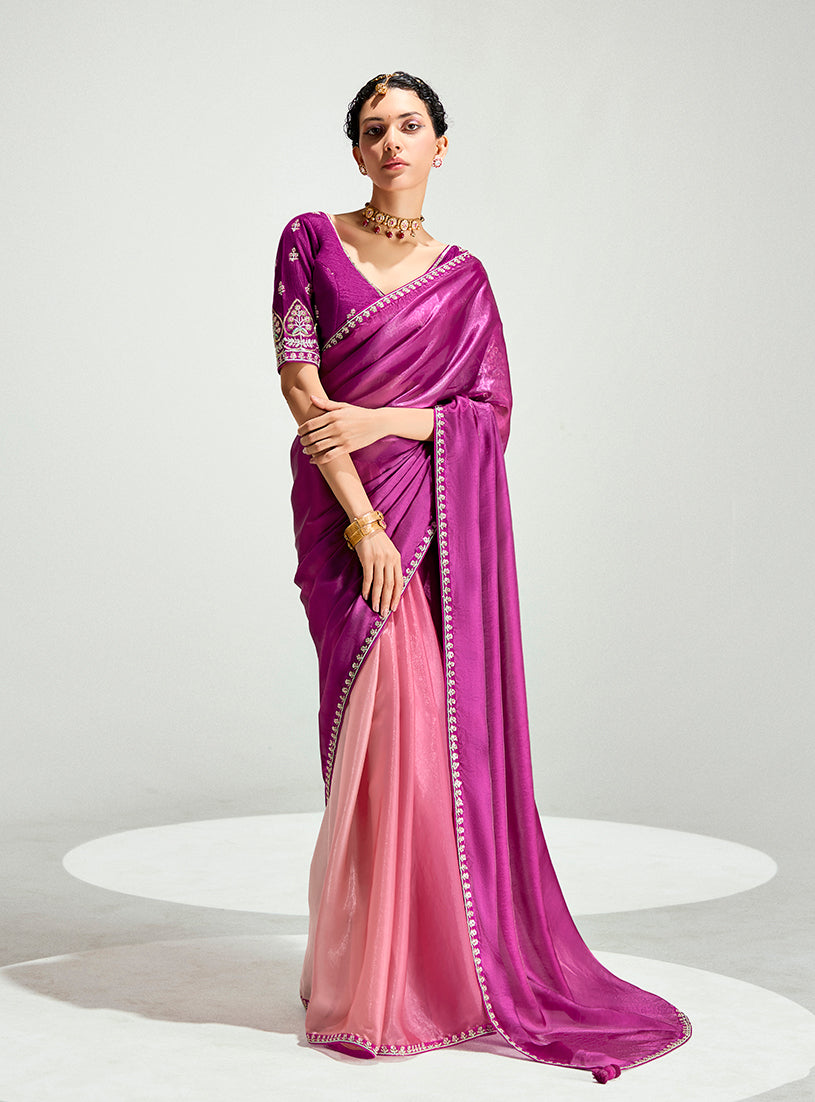 Monjolika Fashion Magenta And Peach Organza Tissue Sequins Embroidery Handwork Wedding Wear Saree | Grocsy