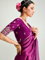 Monjolika Fashion Magenta And Peach Organza Tissue Sequins Embroidery Handwork Wedding Wear Saree | Grocsy