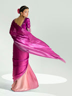 Monjolika Fashion Magenta And Peach Organza Tissue Sequins Embroidery Handwork Wedding Wear Saree | Grocsy