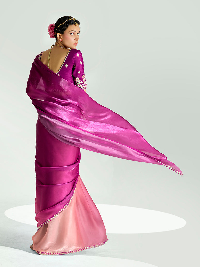 Monjolika Fashion Magenta And Peach Organza Tissue Sequins Embroidery Handwork Wedding Wear Saree | Grocsy