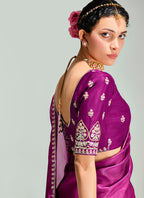 Monjolika Fashion Magenta And Peach Organza Tissue Sequins Embroidery Handwork Wedding Wear Saree | Grocsy