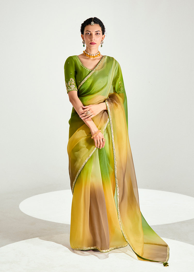 Monjolika Fashion Multi Colour Organza Tissue Sequins Embroidery Handwork Wedding Wear Saree | Grocsy