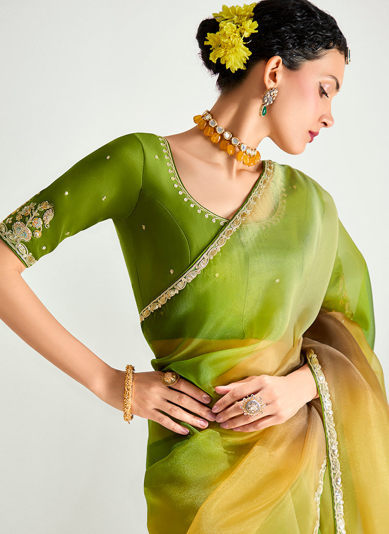 Monjolika Fashion Multi Colour Organza Tissue Sequins Embroidery Handwork Wedding Wear Saree | Grocsy
