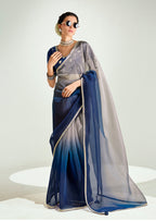 Monjolika Fashion Navy Blue And Beige Organza Tissue Sequins Embroidery Handwork Wedding Wear Saree | Grocsy