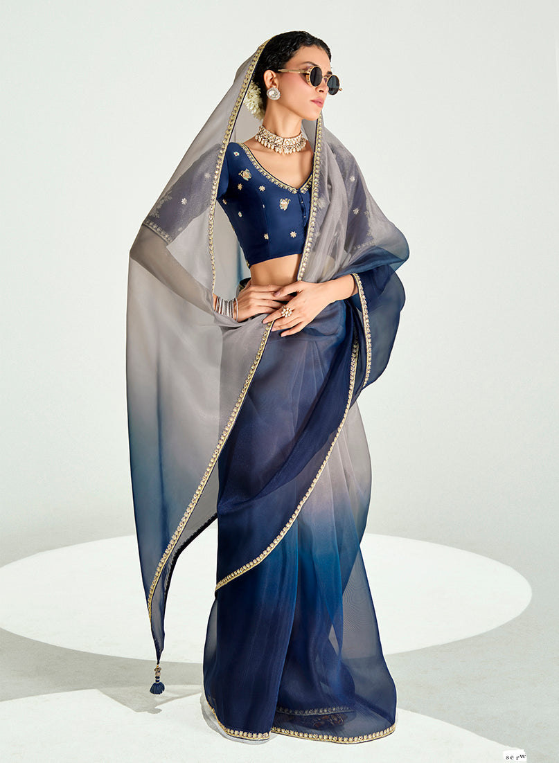 Monjolika Fashion Navy Blue And Beige Organza Tissue Sequins Embroidery Handwork Wedding Wear Saree | Grocsy