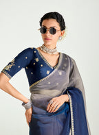 Monjolika Fashion Navy Blue And Beige Organza Tissue Sequins Embroidery Handwork Wedding Wear Saree | Grocsy