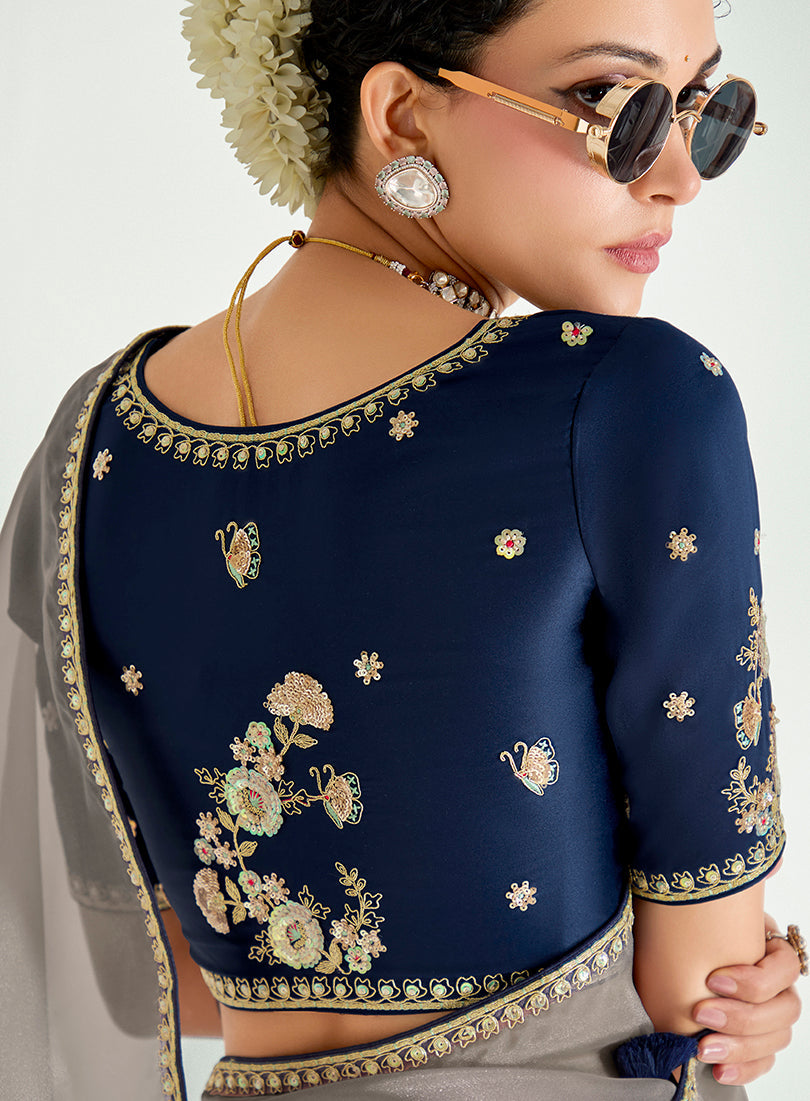 Monjolika Fashion Navy Blue And Beige Organza Tissue Sequins Embroidery Handwork Wedding Wear Saree | Grocsy