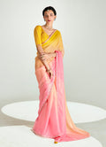 Monjolika Fashion Organza Tissue Pink And Yellow Sequins Embroidery Handwork Engagement Wear Saree | Grocsy