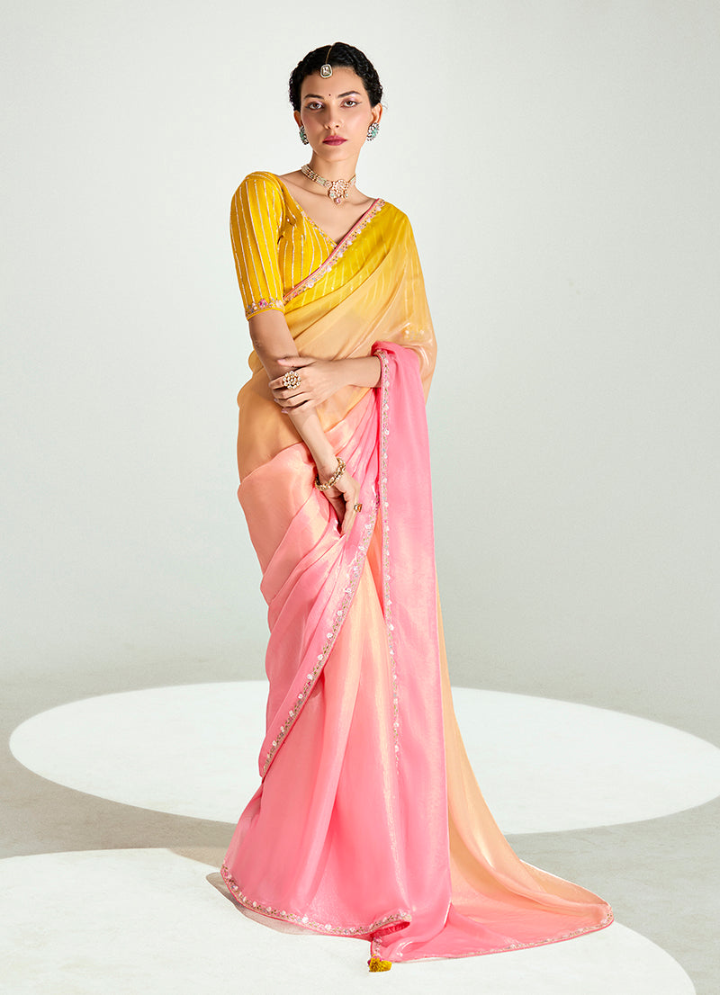 Monjolika Fashion Organza Tissue Pink And Yellow Sequins Embroidery Handwork Engagement Wear Saree | Grocsy