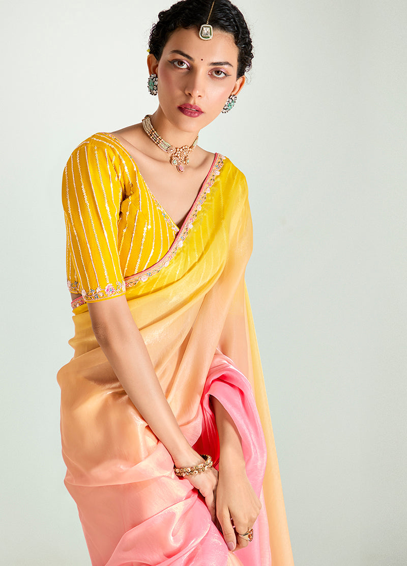 Monjolika Fashion Organza Tissue Pink And Yellow Sequins Embroidery Handwork Engagement Wear Saree | Grocsy