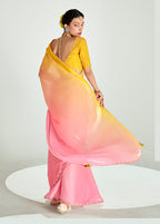 Monjolika Fashion Organza Tissue Pink And Yellow Sequins Embroidery Handwork Engagement Wear Saree | Grocsy