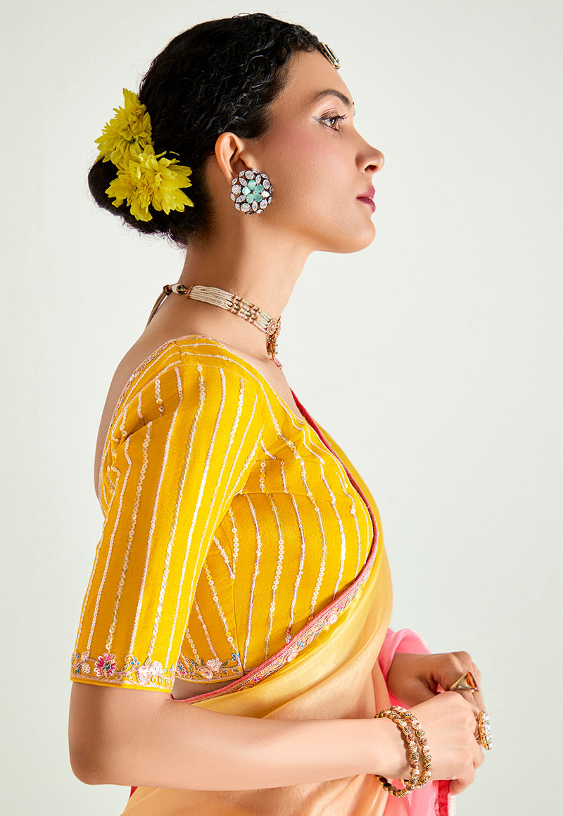 Monjolika Fashion Organza Tissue Pink And Yellow Sequins Embroidery Handwork Engagement Wear Saree | Grocsy