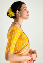 Monjolika Fashion Organza Tissue Pink And Yellow Sequins Embroidery Handwork Engagement Wear Saree | Grocsy