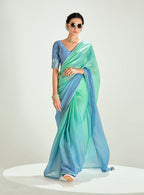 Monjolika Fashion Organza Tissue Sea Green And Light Blue Sequins Embroidery Handwork Engagement Wear Saree | Grocsy