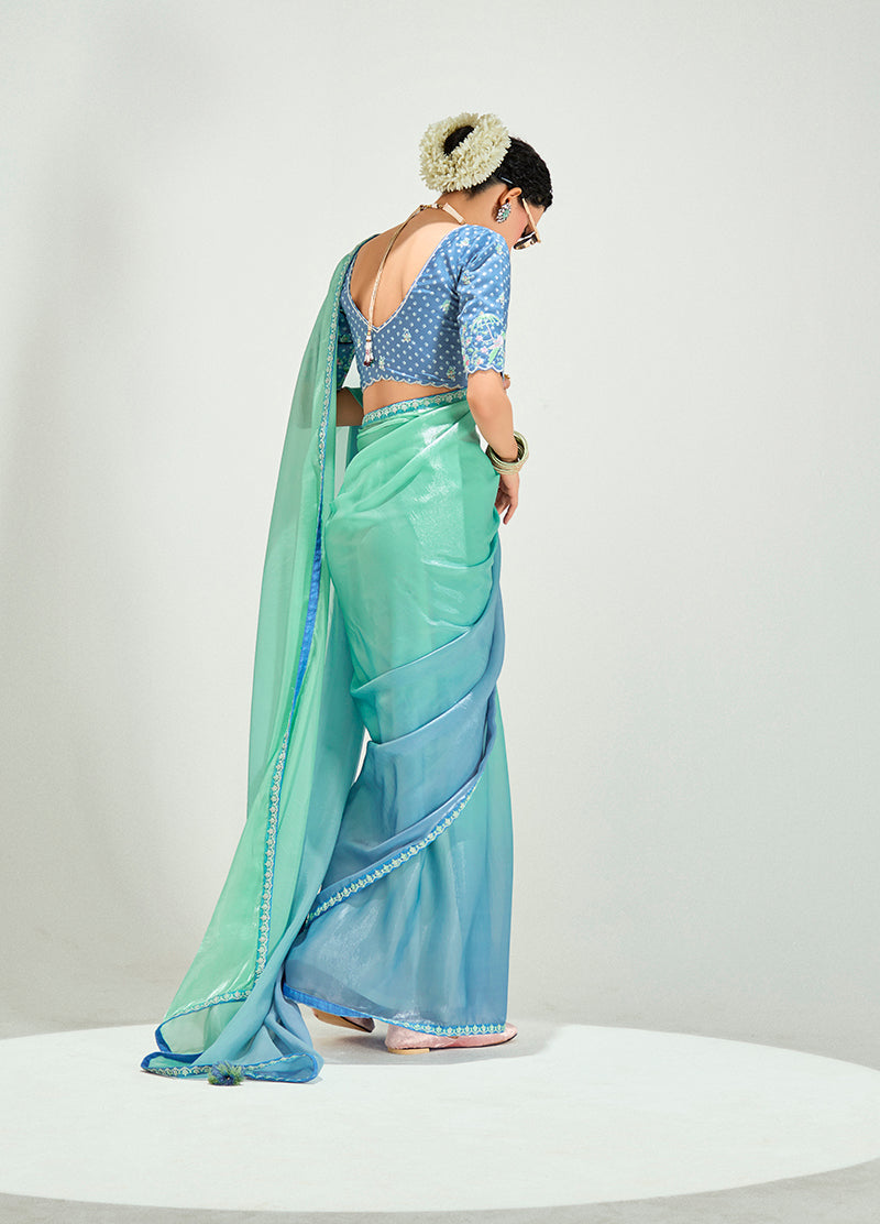 Monjolika Fashion Organza Tissue Sea Green And Light Blue Sequins Embroidery Handwork Engagement Wear Saree | Grocsy