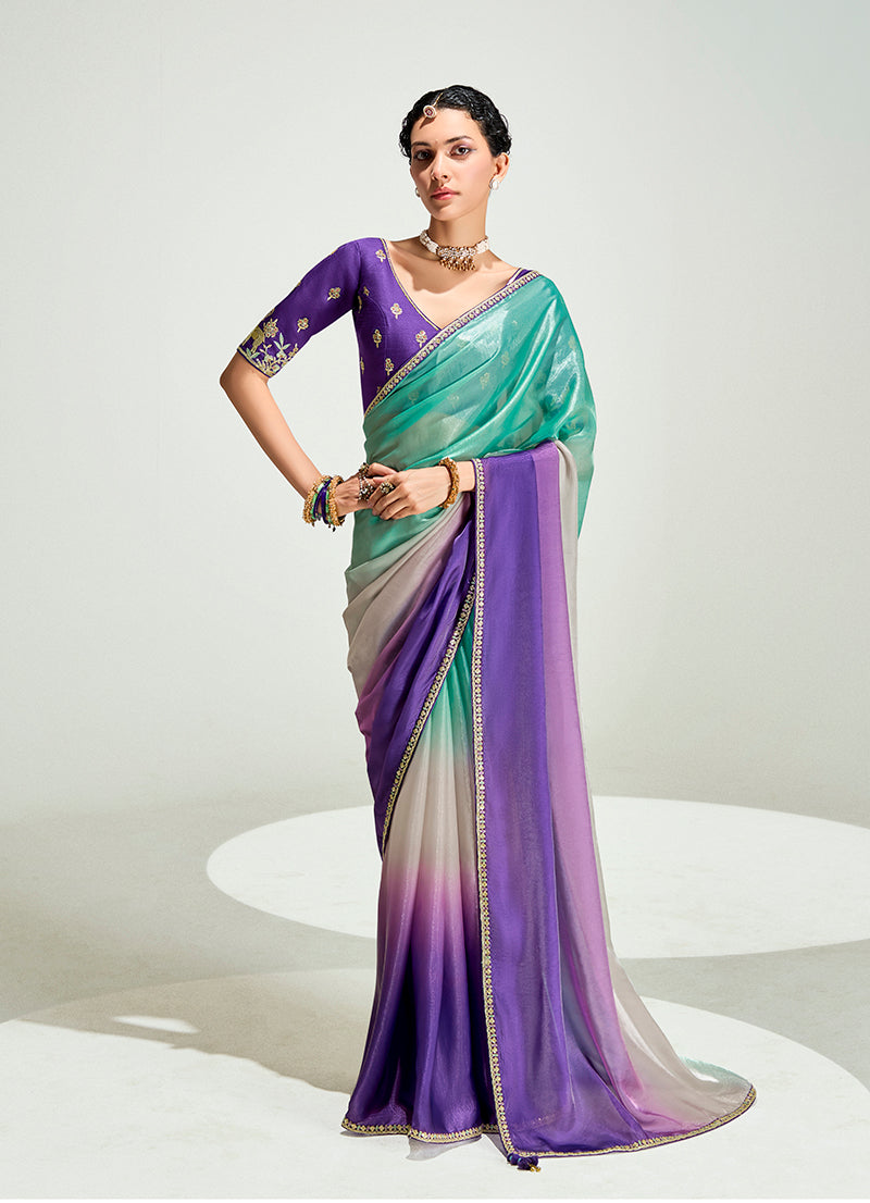 Monjolika Fashion Multi Colour Organza Tissue Sequins Embroidery Handwork Wedding Wear Saree | Grocsy