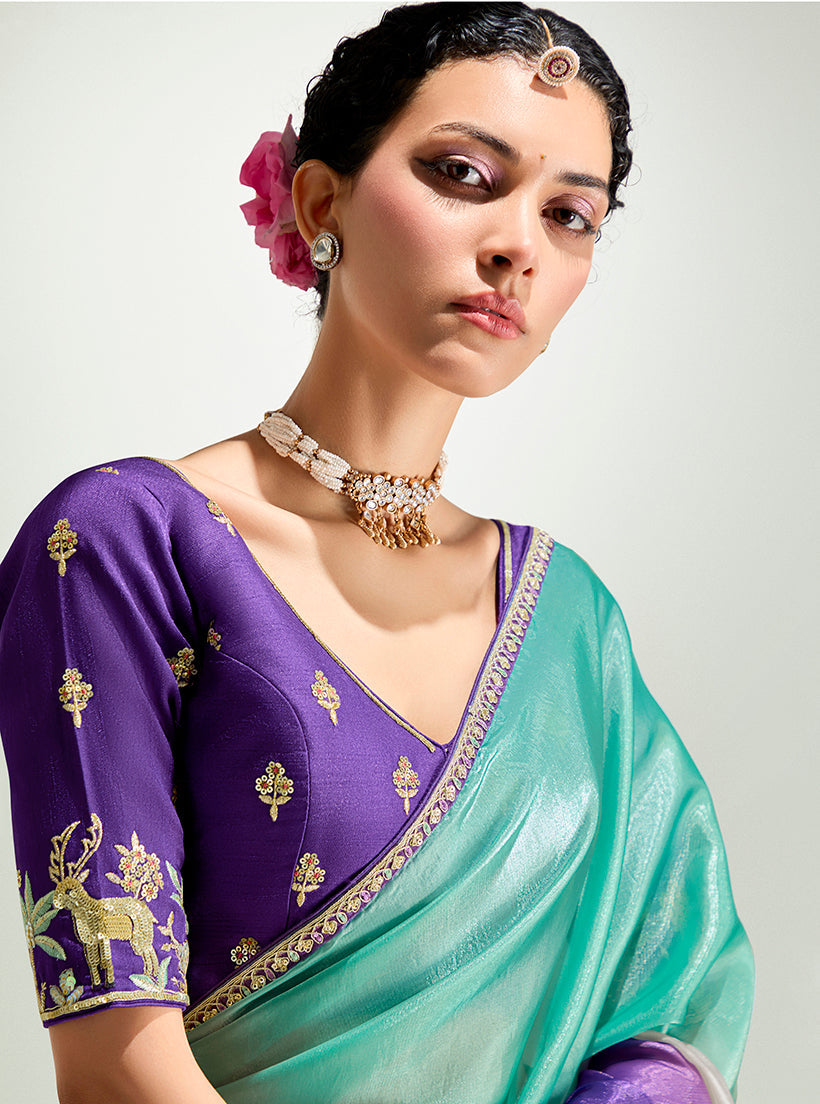 Monjolika Fashion Multi Colour Organza Tissue Sequins Embroidery Handwork Wedding Wear Saree | Grocsy