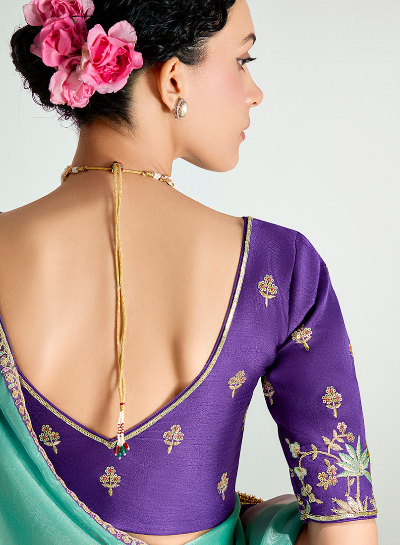 Monjolika Fashion Multi Colour Organza Tissue Sequins Embroidery Handwork Wedding Wear Saree | Grocsy