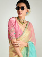 Monjolika Fashion Multi Colour Organza Tissue Sequins Embroidery Handwork Wedding Wear Saree | Grocsy