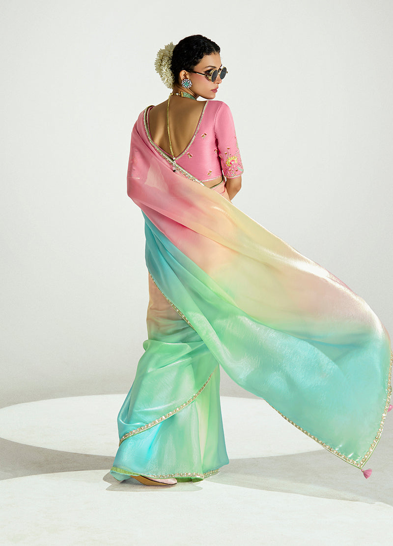 Monjolika Fashion Multi Colour Organza Tissue Sequins Embroidery Handwork Wedding Wear Saree | Grocsy