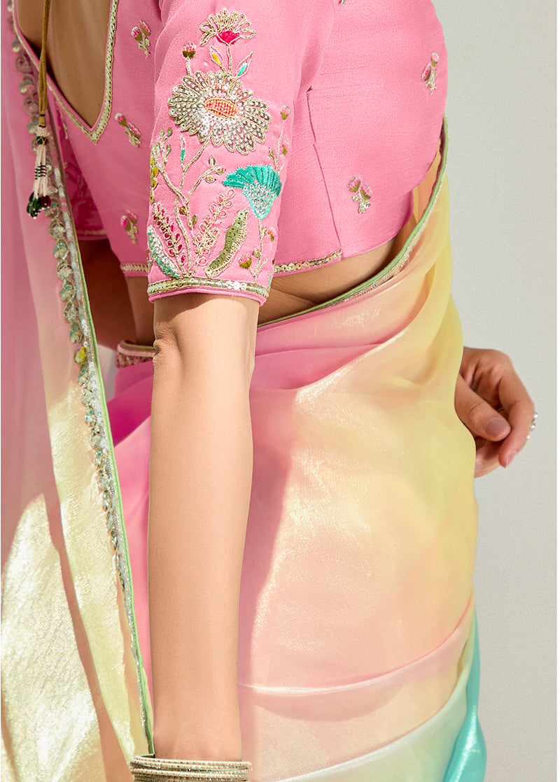 Monjolika Fashion Multi Colour Organza Tissue Sequins Embroidery Handwork Wedding Wear Saree | Grocsy