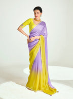 Monjolika Fashion Lavender And Yellow Organza Tissue Sequins Embroidery Handwork Wedding Wear Saree | Grocsy