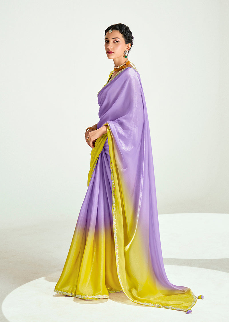 Monjolika Fashion Lavender And Yellow Organza Tissue Sequins Embroidery Handwork Wedding Wear Saree | Grocsy