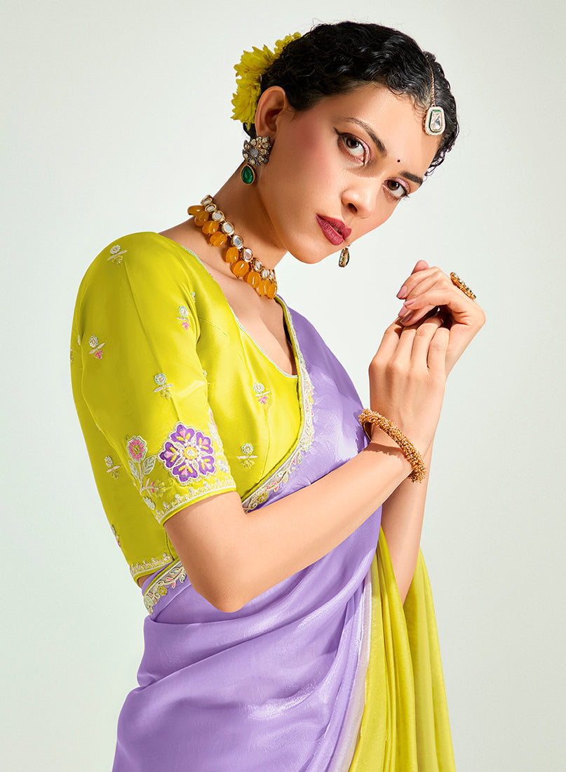 Monjolika Fashion Lavender And Yellow Organza Tissue Sequins Embroidery Handwork Wedding Wear Saree | Grocsy