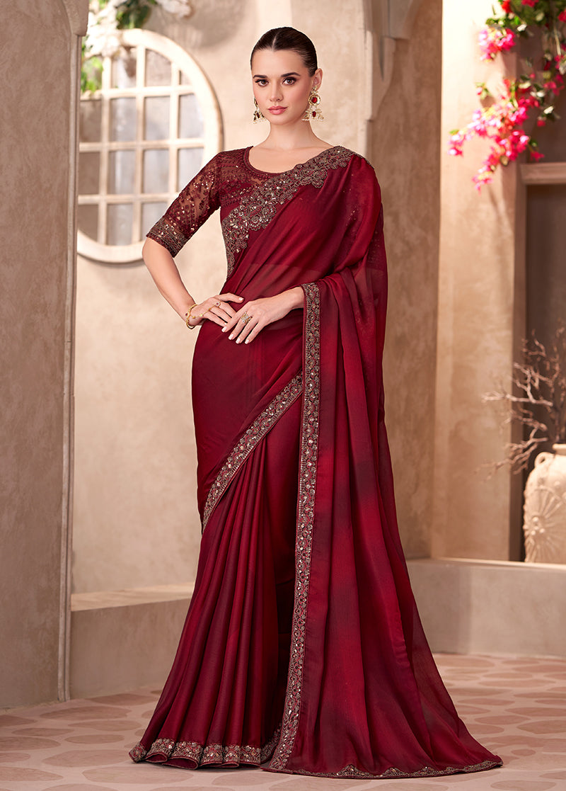 Monjolika Fashion Maroon Color Embroidery Work Chiffon Silk Party Wear Saree | Grocsy