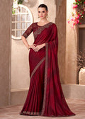 Monjolika Fashion Maroon Color Embroidery Work Chiffon Silk Party Wear Saree | Grocsy
