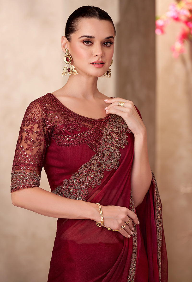 Monjolika Fashion Maroon Color Embroidery Work Chiffon Silk Party Wear Saree | Grocsy