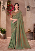 Monjolika Fashion Olive Green Georgette Border Work Wear Saree | Grocsy