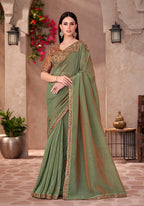 Monjolika Fashion Olive Green Georgette Border Work Wear Saree | Grocsy