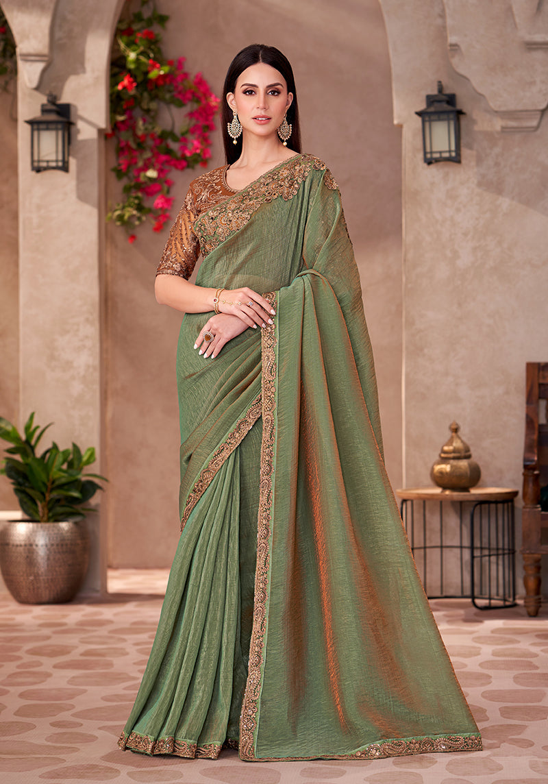 Monjolika Fashion Olive Green Georgette Border Work Wear Saree | Grocsy