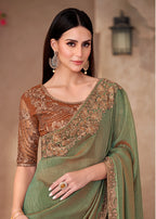 Monjolika Fashion Olive Green Georgette Border Work Wear Saree | Grocsy
