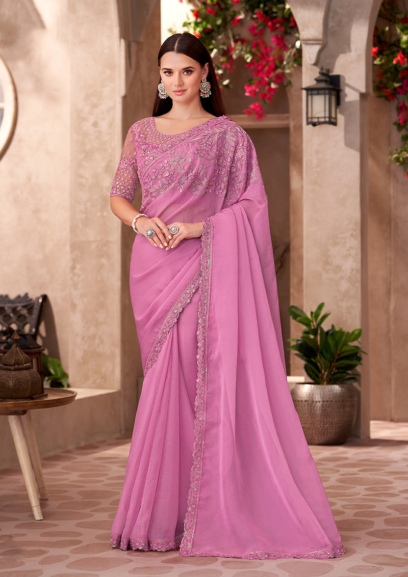 Monjolika Fashion Pink Color Embroidery Work Chiffon Silk Party Wear Saree | Grocsy