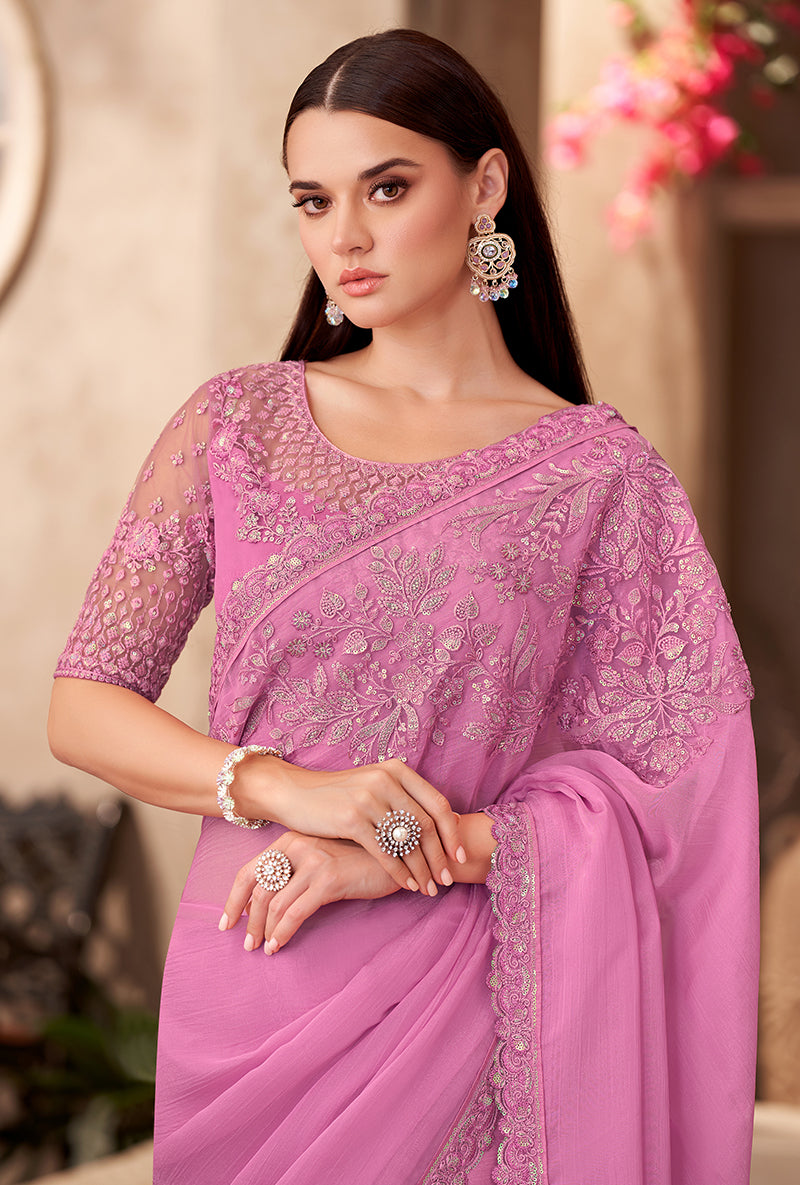 Monjolika Fashion Pink Color Embroidery Work Chiffon Silk Party Wear Saree | Grocsy