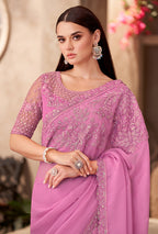 Monjolika Fashion Pink Color Embroidery Work Chiffon Silk Party Wear Saree | Grocsy