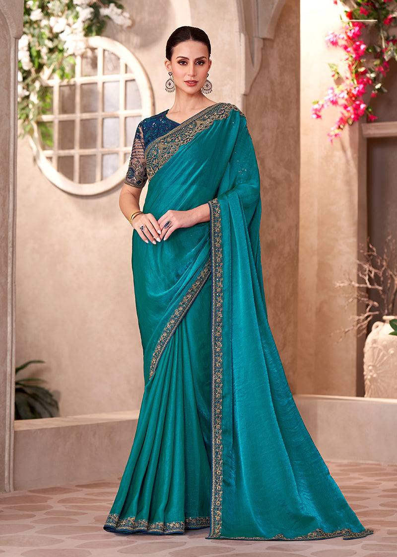 Monjolika Fashion Teal Color Embroidery Work Chiffon Silk Party Wear Saree | Grocsy
