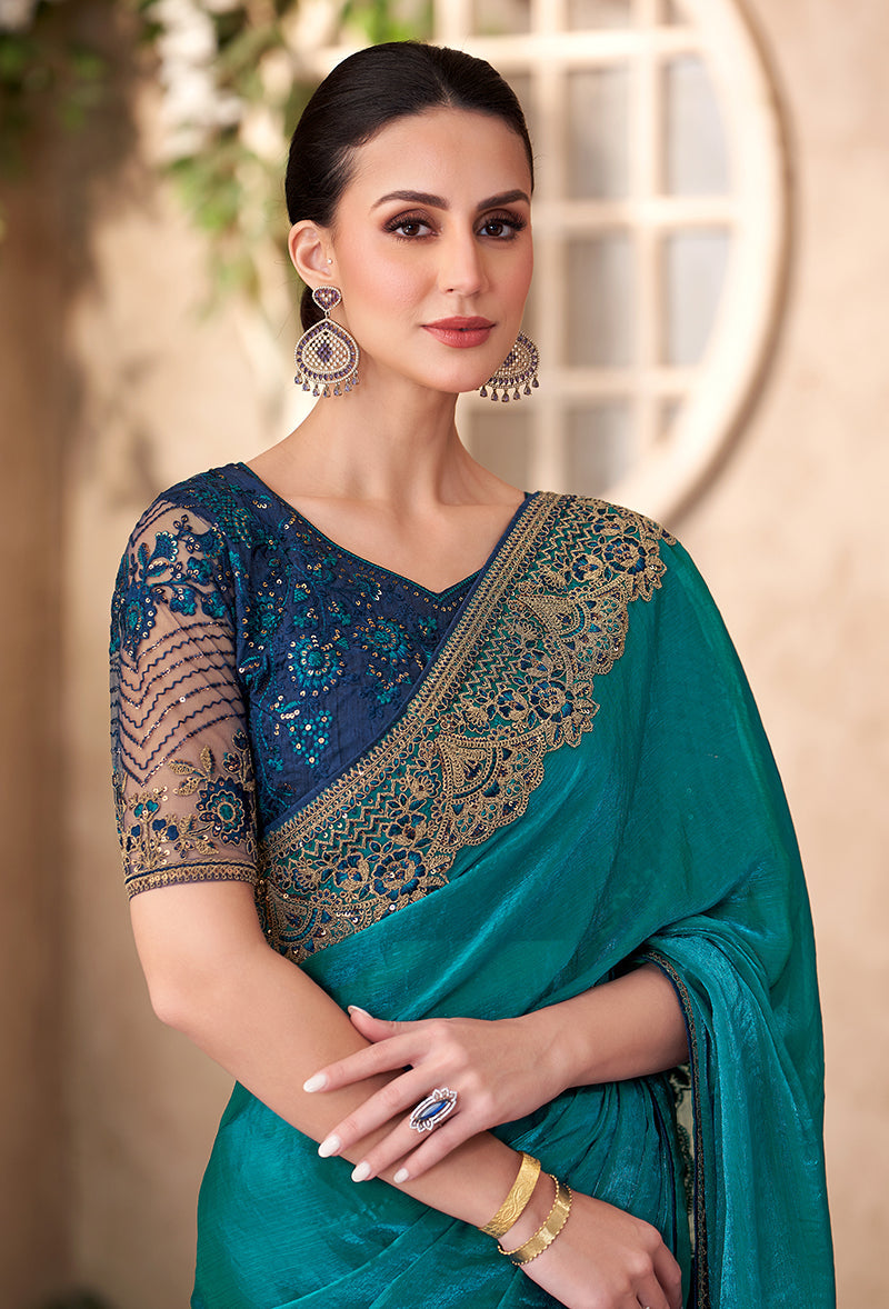Monjolika Fashion Teal Color Embroidery Work Chiffon Silk Party Wear Saree | Grocsy