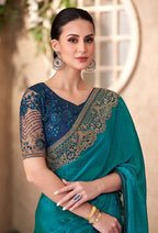 Monjolika Fashion Teal Color Embroidery Work Chiffon Silk Party Wear Saree | Grocsy