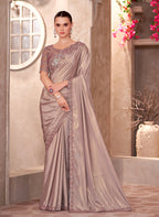 Monjolika Fashion Beige Color Embroidery Work Shimmer Silk Party Wear Saree | Grocsy