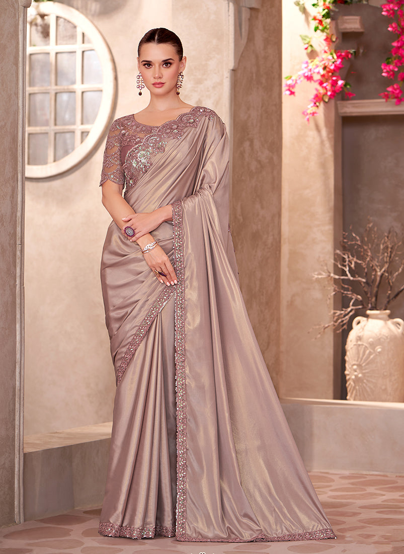 Monjolika Fashion Beige Color Embroidery Work Shimmer Silk Party Wear Saree | Grocsy