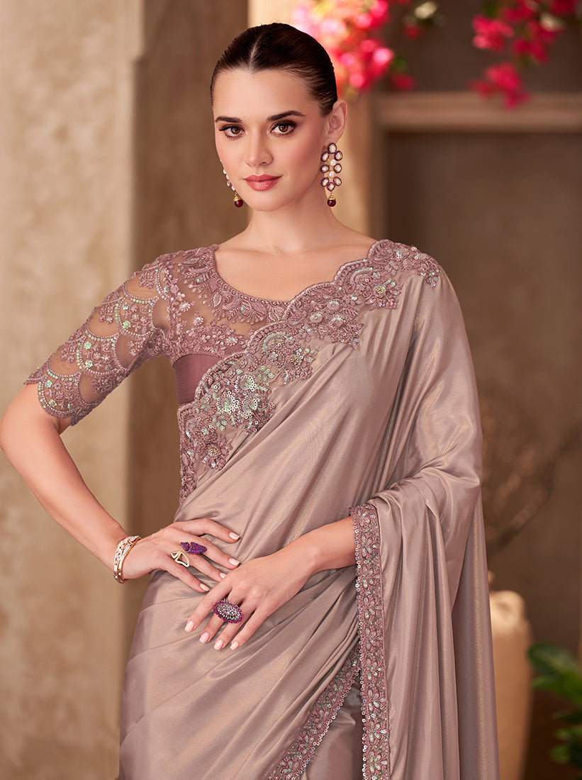 Monjolika Fashion Beige Color Embroidery Work Shimmer Silk Party Wear Saree | Grocsy