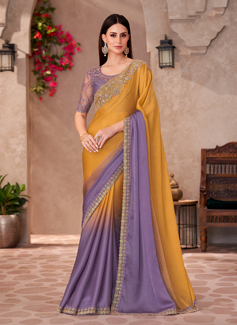 Monjolika Fashion Mustard & Lavender Purple Embroidery Work Chiffon Silk Party Wear Saree | Grocsy