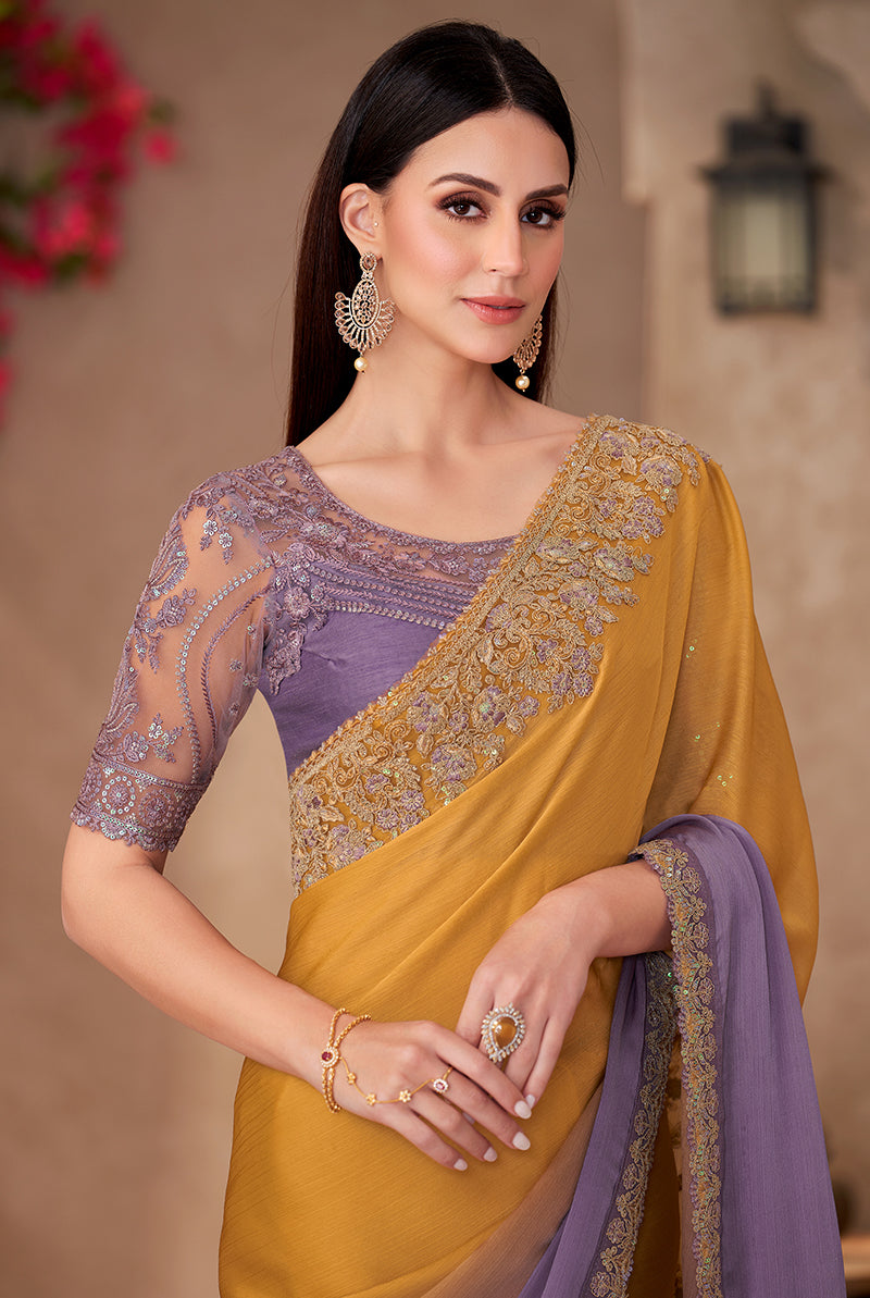 Monjolika Fashion Mustard & Lavender Purple Embroidery Work Chiffon Silk Party Wear Saree | Grocsy