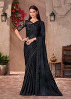 Monjolika Fashion Black Color Embroidery Work Chiffon Silk Party Wear Saree | Grocsy